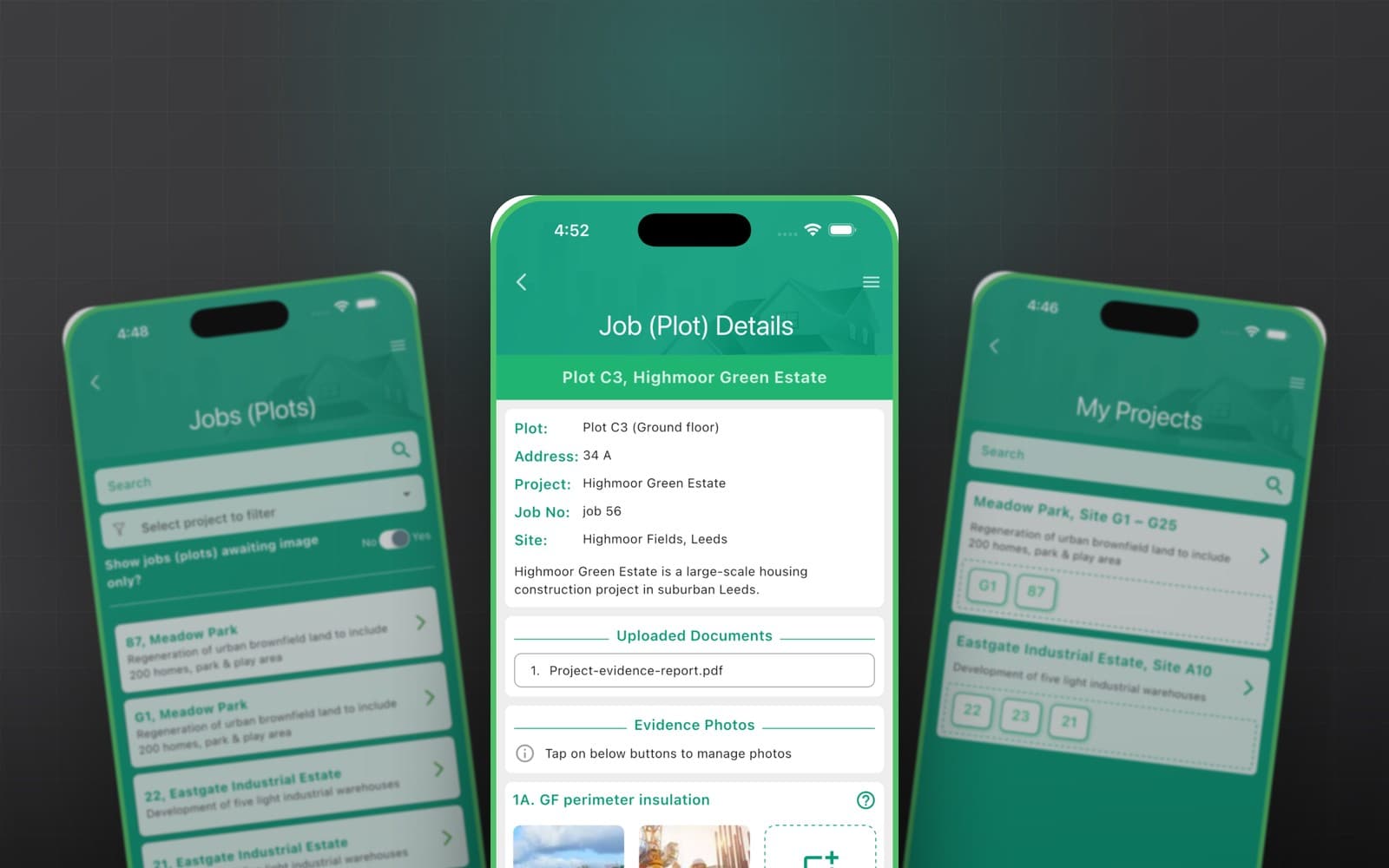 The autoBREL app on three phones, showing the jobs list, a plot's evidence photos and the projects screen